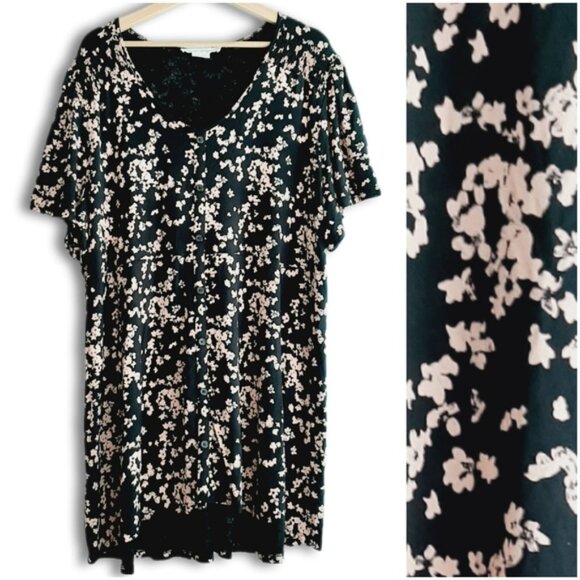 PENNINGTONS Button Down V-Neck Floral Print Tunic Top Black & Pink Sz 2X - Picture 1 of 14